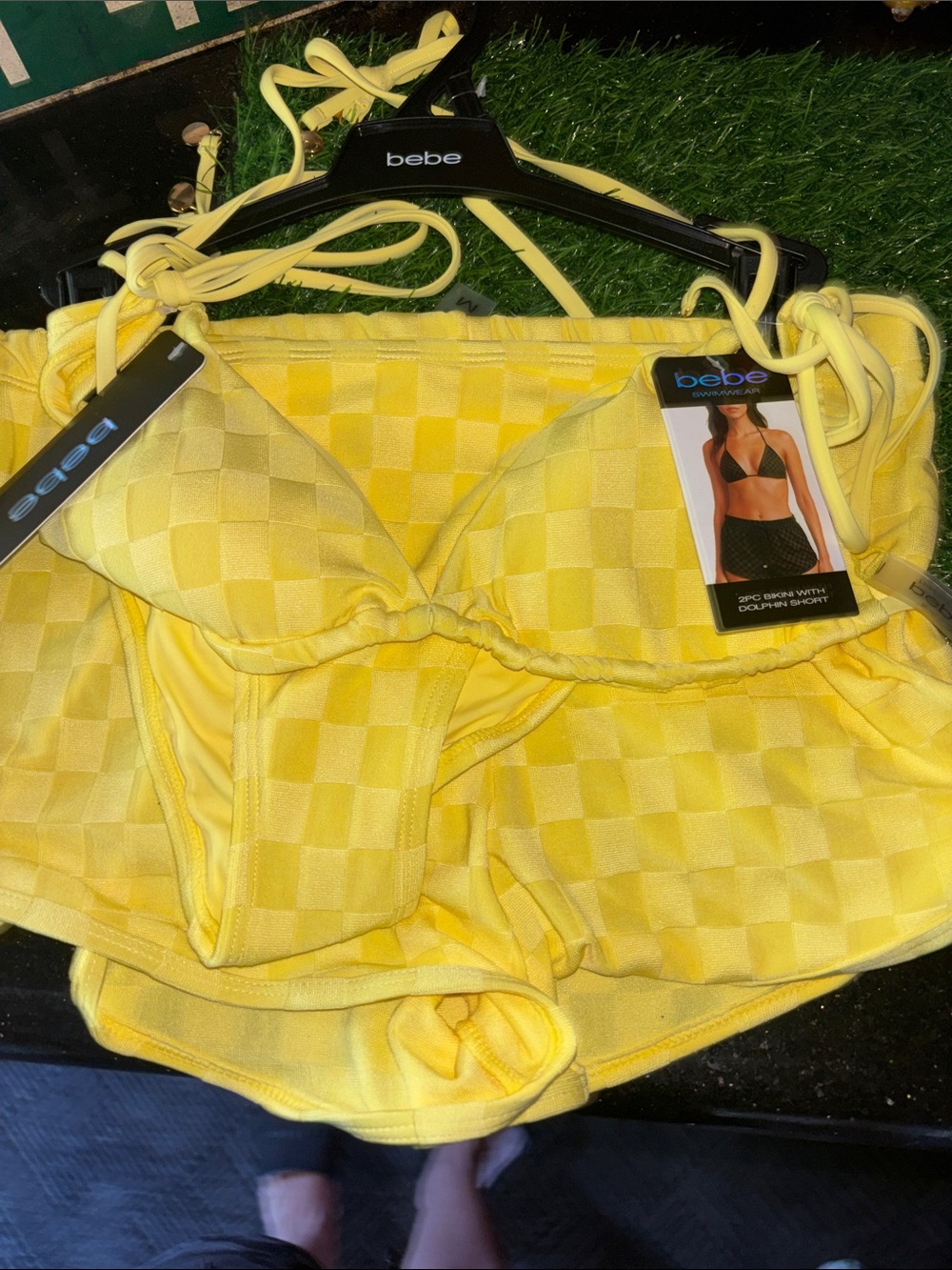 bebe Yellow Checkered Bikini Set with Triangle Top and shorts